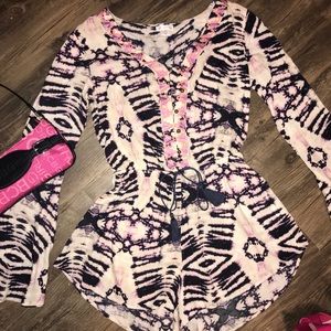 Boho Pink/Navy Tie Dyed Romper Long Sleeves